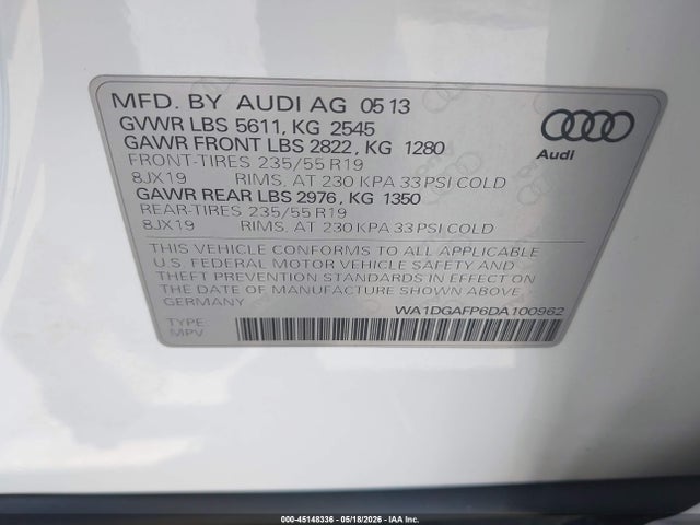 Продаж на аукціоні авто 2013 Audi Q5 3.0t Premium Plus, vin: WA1DGAFP6DA100962, номер лоту: 45148336