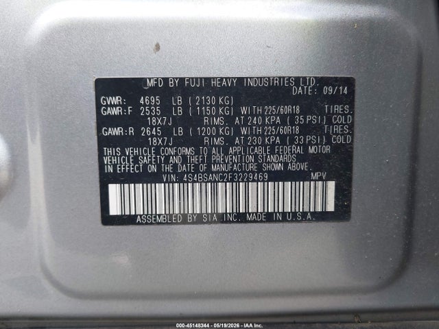 Aukcja sprzedaży 2015 Subaru Outback 2.5i Limited, vin: 4S4BSANC2F3229469, numer aukcji: 45148344