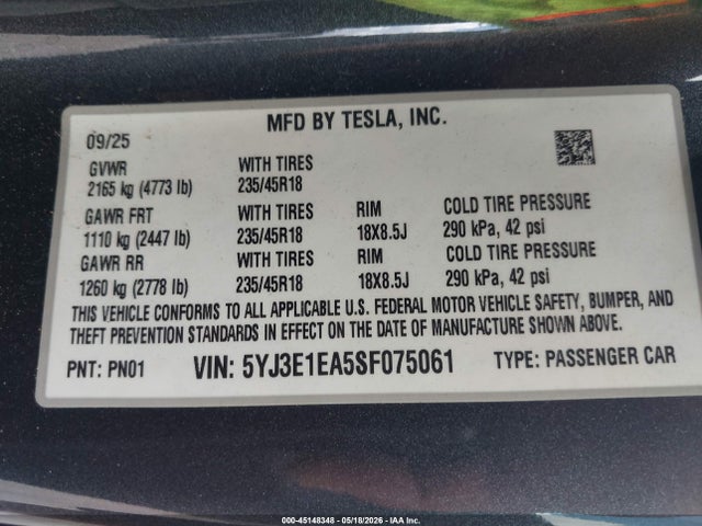 5YJ3E1EA5SF075061 Tesla Model 3 Long Range Rear-wheel Drive/standard Rear-wheel Drive