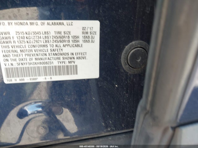 Продажа на аукционе авто 2017 Honda Pilot Ex, vin: 5FNYF5H3XHB008231, номер лота: 45148350