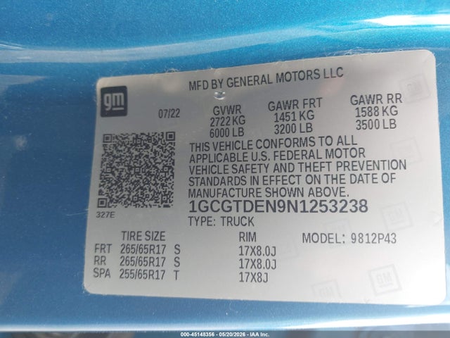 Продаж на аукціоні авто 2022 Chevrolet Colorado 4wd  Short Box Z71, vin: 1GCGTDEN9N1253238, номер лоту: 45148356