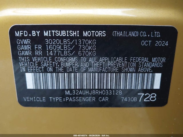 Aukcja sprzedaży 2024 Mitsubishi Mirage Es/le, vin: ML32AUHJ8RH033128, numer aukcji: 45148374