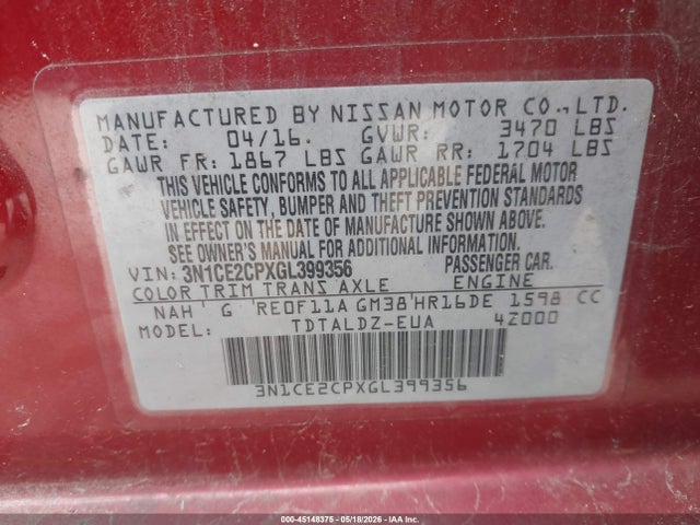 Продаж на аукціоні авто 2016 Nissan Versa Note S (sr)/s Plus/sl/sr/sv, vin: 3N1CE2CPXGL399356, номер лоту: 45148375
