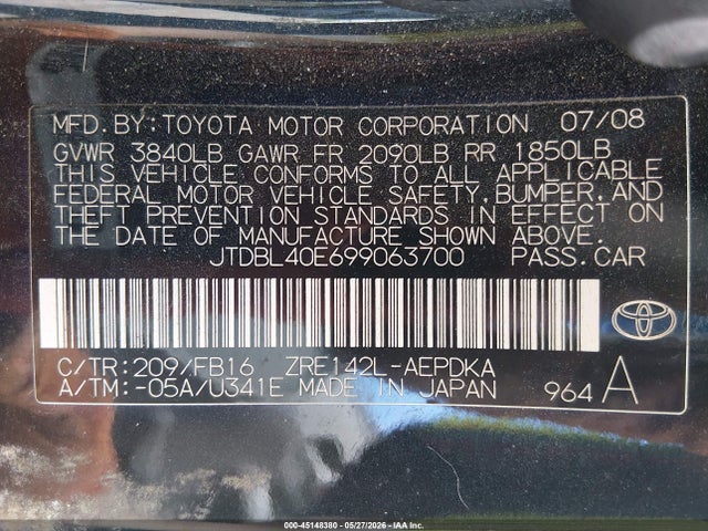 45148380 :رقم المزاد ، JTDBL40E699063700 vin ، 2009 Toyota Corolla مزاد بيع