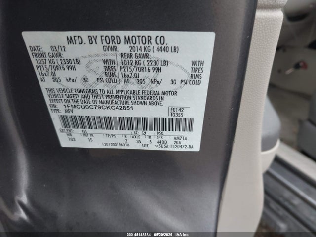 2012 Ford Escape Xls მანქანა იყიდება აუქციონზე, vin: 1FMCU0C79CKC42851, აუქციონის ნომერი: 45148384