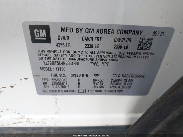 Aukcja sprzedaży 2022 Chevrolet Trailblazer Fwd Rs, vin: KL79MTSL4NB031300, numer aukcji: 45148395