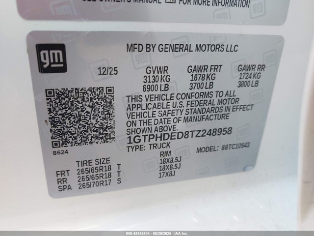 Aukcja sprzedaży 2026 Gmc Sierra 1500 , Short Bed, Slt, Rwd, vin: 1GTPHDED8TZ248958, numer aukcji: 45148404