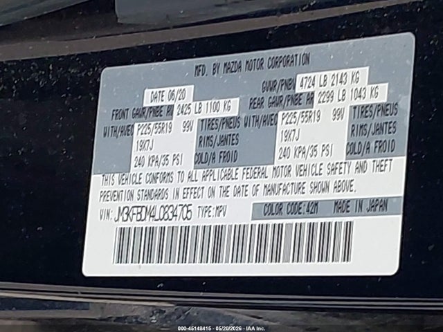 Aukcja sprzedaży 2020 Mazda Cx-5 Grand Touring, vin: JM3KFBDM4L0834705, numer aukcji: 45148415