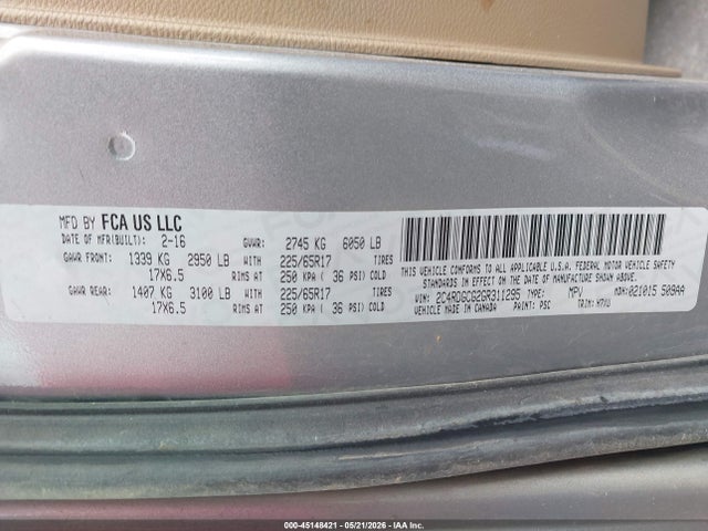 Продажа на аукционе авто 2016 Dodge Grand Caravan Sxt, vin: 2C4RDGCG2GR311295, номер лота: 45148421