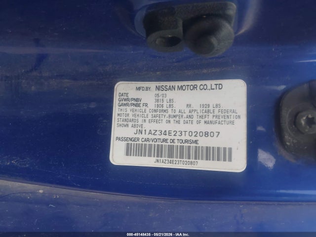 Aukcja sprzedaży 2003 Nissan 350z, vin: JN1AZ34E23T020807, numer aukcji: 45148435