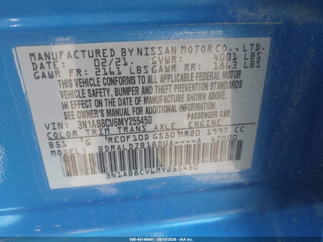 2021 Nissan Sentra Sv Xtronic Cvt მანქანა იყიდება აუქციონზე, vin: 3N1AB8CV6MY255450, აუქციონის ნომერი: 45148441