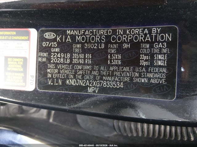 2016 Kia Soul მანქანა იყიდება აუქციონზე, vin: KNDJN2A2XG7833534, აუქციონის ნომერი: 45148445