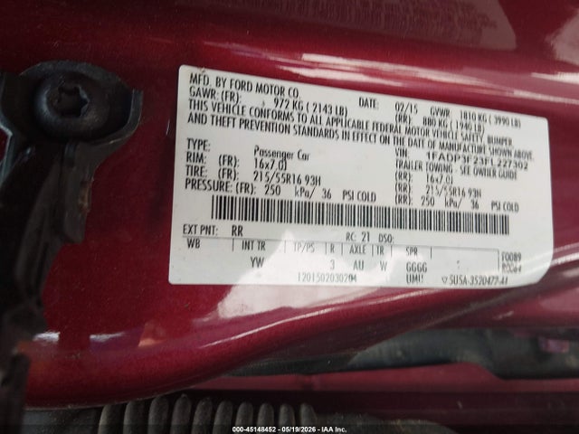 45148452 :رقم المزاد ، 1FADP3F23FL227302 vin ، 2015 Ford Focus Se مزاد بيع