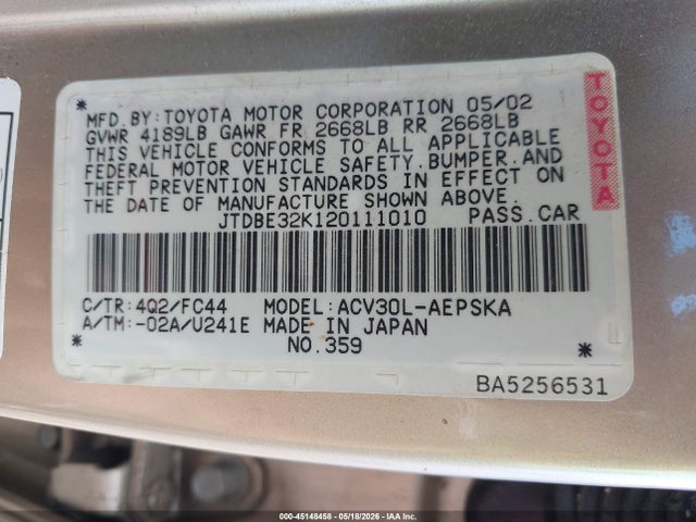 2002 Toyota Camry Le/se/xle მანქანა იყიდება აუქციონზე, vin: JTDBE32K120111010, აუქციონის ნომერი: 45148458