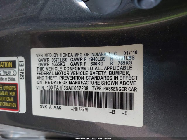 45148466 :رقم المزاد ، 19XFA1F35AE032238 vin ، 2010 Honda Civic Vp مزاد بيع