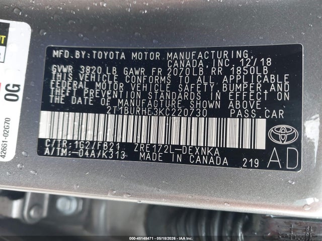 Aukcja sprzedaży 2019 Toyota Corolla Le, vin: 2T1BURHE3KC220730, numer aukcji: 45148471