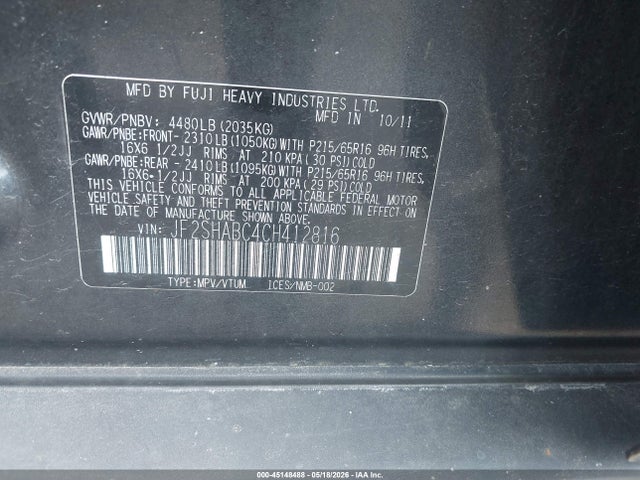 2012 Subaru Forester 2.5x მანქანა იყიდება აუქციონზე, vin: JF2SHABC4CH412816, აუქციონის ნომერი: 45148488