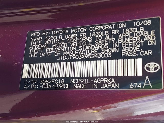 45148497 :رقم المزاد ، JTDJT903X95243003 vin ، 2009 Toyota Yaris مزاد بيع