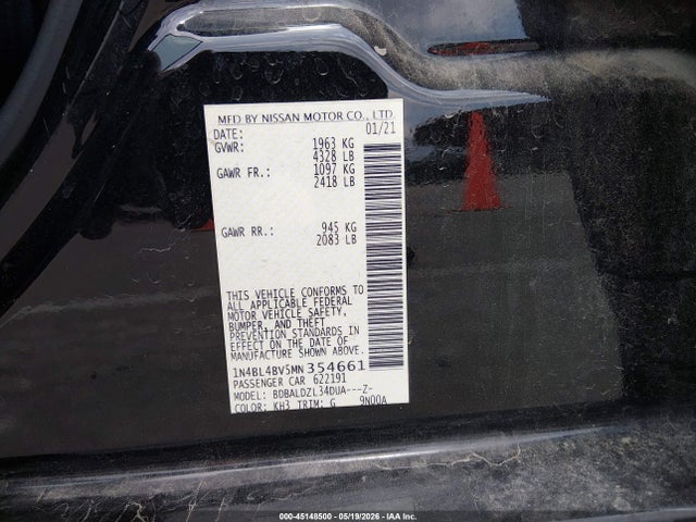 45148500 :رقم المزاد ، 1N4BL4BV5MN354661 vin ، 2021 Nissan Altima S Fwd مزاد بيع