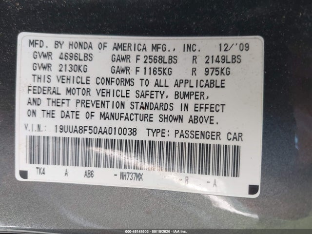 45148503 :رقم المزاد ، 19UUA8F50AA010038 vin ، 2010 Acura Tl 3.5 مزاد بيع