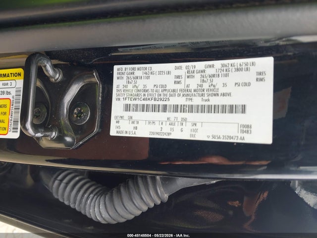 45148504 :رقم المزاد ، 1FTEW1C48KFB29225 vin ، 2019 Ford F-150 Lariat مزاد بيع