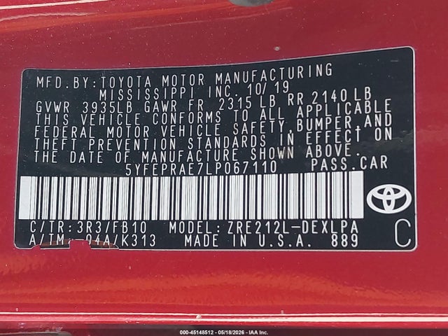 Toyota COROLLA LE 2020 5YFEPRAE7LP067110 Image 9