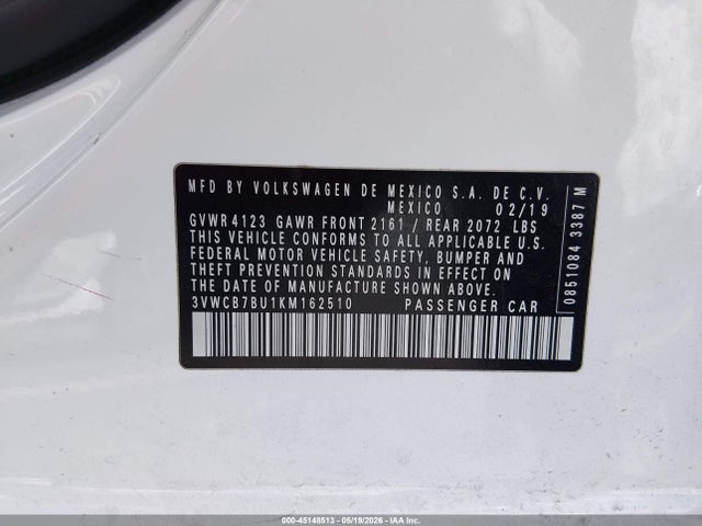 45148513 :رقم المزاد ، 3VWCB7BU1KM162510 vin ، 2019 Volkswagen Jetta 1.4t R-line/1.4t S/1.4t Se مزاد بيع