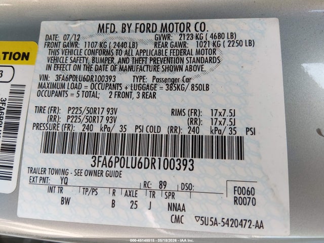 Aukcja sprzedaży 2013 Ford Fusion Hybrid Se, vin: 3FA6P0LU6DR100393, numer aukcji: 45148515