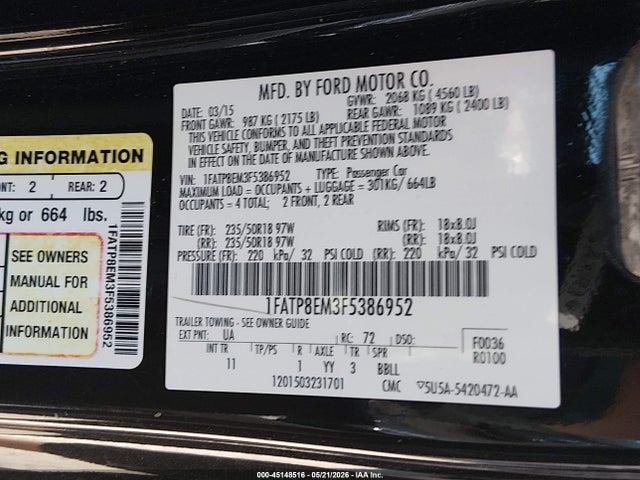 45148516 :رقم المزاد ، 1FATP8EM3F5386952 vin ، 2015 Ford Mustang V6 مزاد بيع