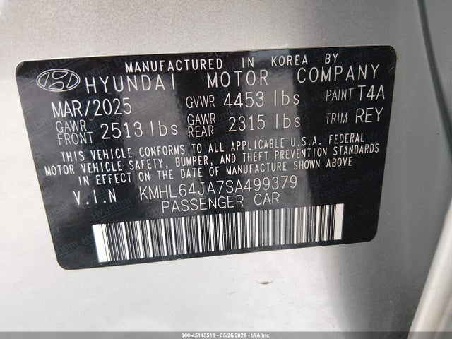 2025 Hyundai Sonata Sel მანქანა იყიდება აუქციონზე, vin: KMHL64JA7SA499379, აუქციონის ნომერი: 45148518