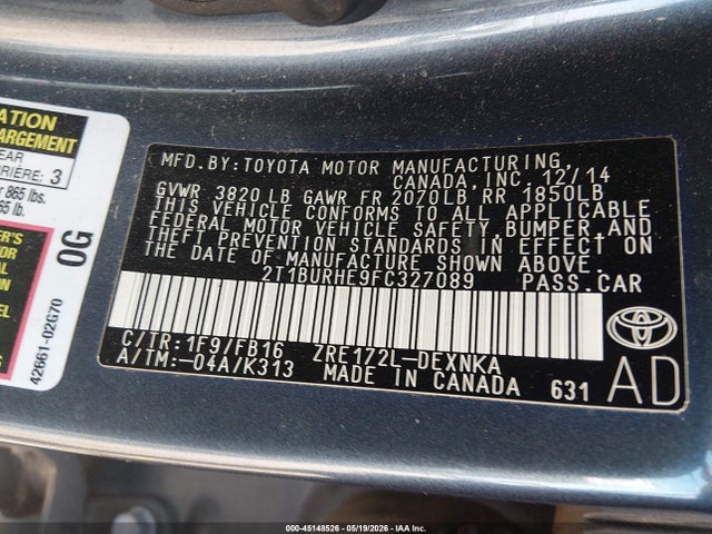 45148526 :رقم المزاد ، 2T1BURHE9FC327089 vin ، 2015 Toyota Corolla Le مزاد بيع