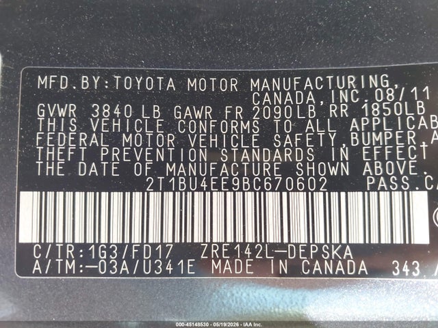 2011 Toyota Corolla S მანქანა იყიდება აუქციონზე, vin: 2T1BU4EE9BC670602, აუქციონის ნომერი: 45148530