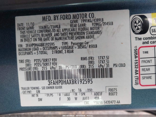 2011 Ford Fusion Se მანქანა იყიდება აუქციონზე, vin: 3FAHP0HAXBR192595, აუქციონის ნომერი: 45148534