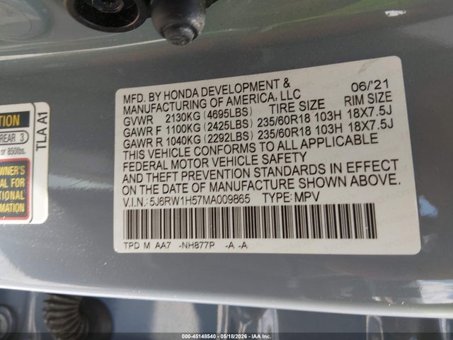 5J6RW1H57MA009865 Honda Cr-v 2wd Ex