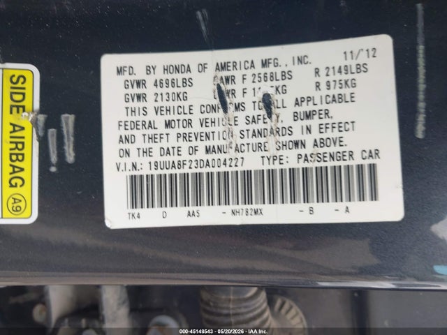 45148543 :رقم المزاد ، 19UUA8F23DA004227 vin ، 2013 Acura Tl 3.5 مزاد بيع