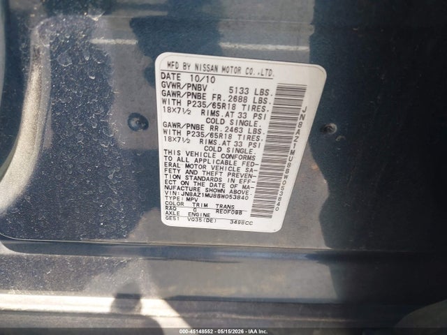 Продаж на аукціоні авто 2011 Nissan Murano S, vin: JN8AZ1MU8BW053840, номер лоту: 45148552