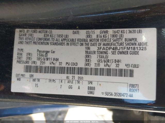 Aukcja sprzedaży 2015 Ford Fiesta Se, vin: 3FADP4BJ1FM181325, numer aukcji: 45148565
