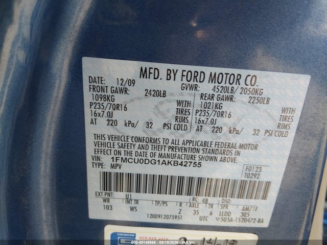 Aukcja sprzedaży 2010 Ford Escape Xlt, vin: 1FMCU0DG1AKB42755, numer aukcji: 45148568