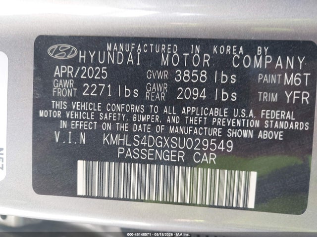 Aukcja sprzedaży 2025 Hyundai Elantra Sel Convenience, vin: KMHLS4DGXSU029549, numer aukcji: 45148571