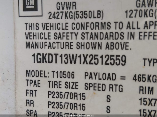 45148579 :رقم المزاد ، 1GKDT13W1X2512559 vin ، 1999 Gmc Jimmy Sle مزاد بيع