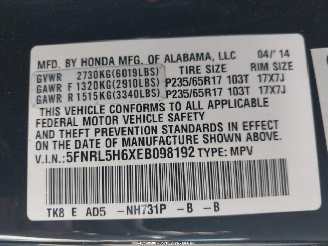 Продажа на аукционе авто 2014 Honda Odyssey Ex-l, vin: 5FNRL5H6XEB098192, номер лота: 45148580