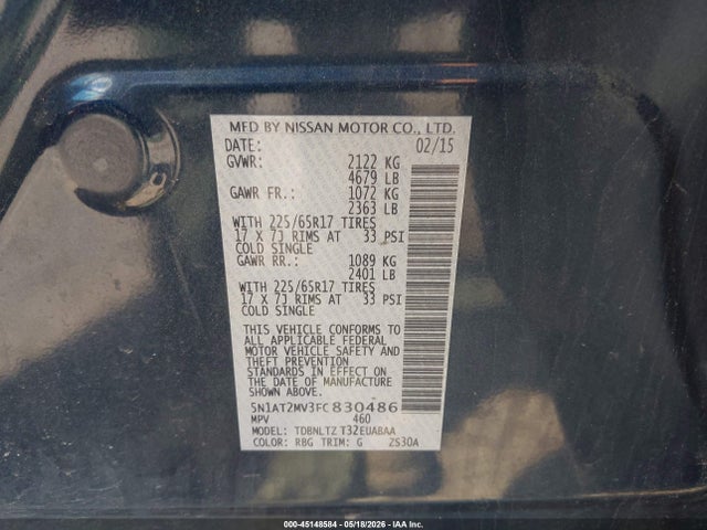 Продажа на аукционе авто 2015 Nissan Rogue Sv, vin: 5N1AT2MV3FC830486, номер лота: 45148584