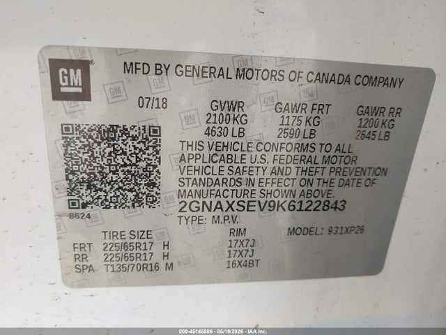 Продаж на аукціоні авто 2019 Chevrolet Equinox Ls, vin: 2GNAXSEV9K6122843, номер лоту: 45148586