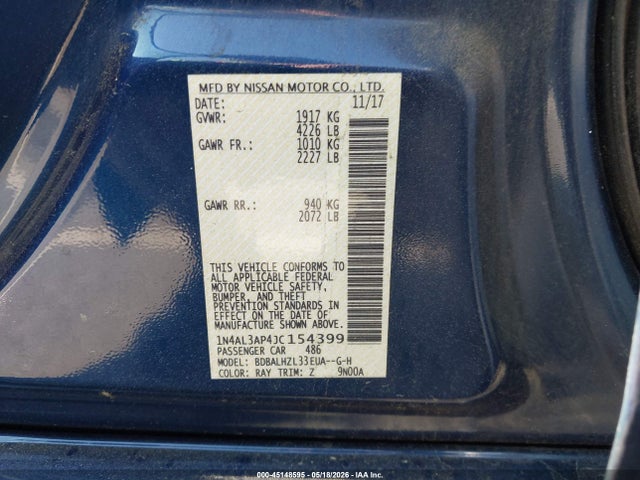 Aukcja sprzedaży 2018 Nissan Altima 2.5 Sr, vin: 1N4AL3AP4JC154399, numer aukcji: 45148595