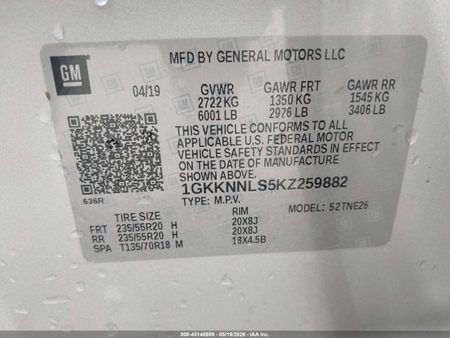 Aukcja sprzedaży 2019 Gmc Acadia Slt-2, vin: 1GKKNNLS5KZ259882, numer aukcji: 45148599