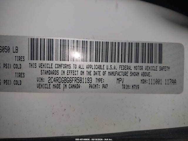 Продаж на аукціоні авто 2015 Dodge Grand Caravan Se, vin: 2C4RDGBG6FR581193, номер лоту: 45148606
