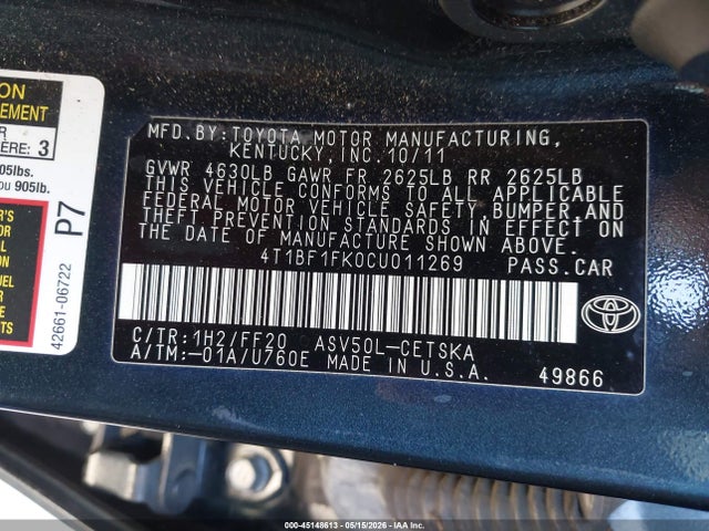 2012 Toyota Camry Se მანქანა იყიდება აუქციონზე, vin: 4T1BF1FK0CU011269, აუქციონის ნომერი: 45148613