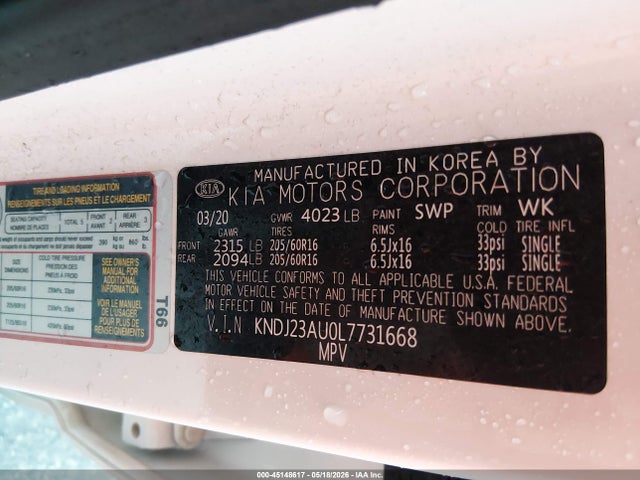 Aukcja sprzedaży 2020 Kia Soul S, vin: KNDJ23AU0L7731668, numer aukcji: 45148617