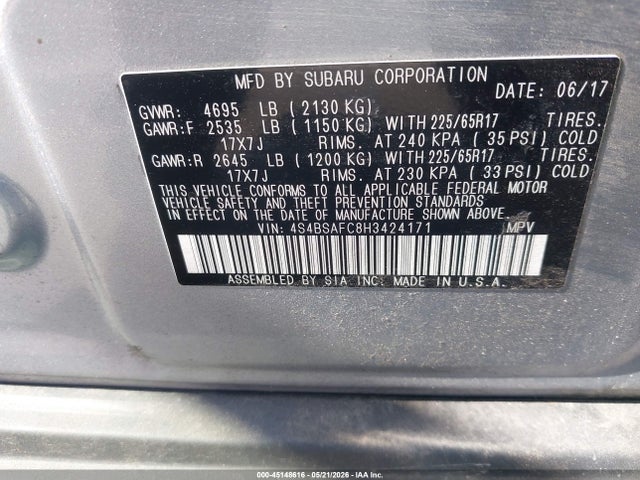 2017 Subaru Outback 2.5i Premium მანქანა იყიდება აუქციონზე, vin: 4S4BSAFC8H3424171, აუქციონის ნომერი: 45148616