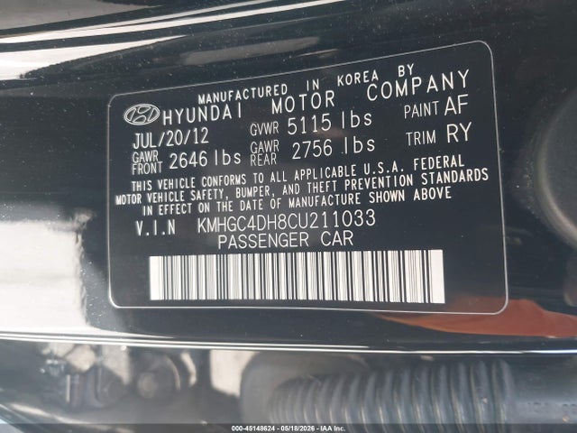 Продаж на аукціоні авто 2012 Hyundai Genesis 5.0, vin: KMHGC4DH8CU211033, номер лоту: 45148624